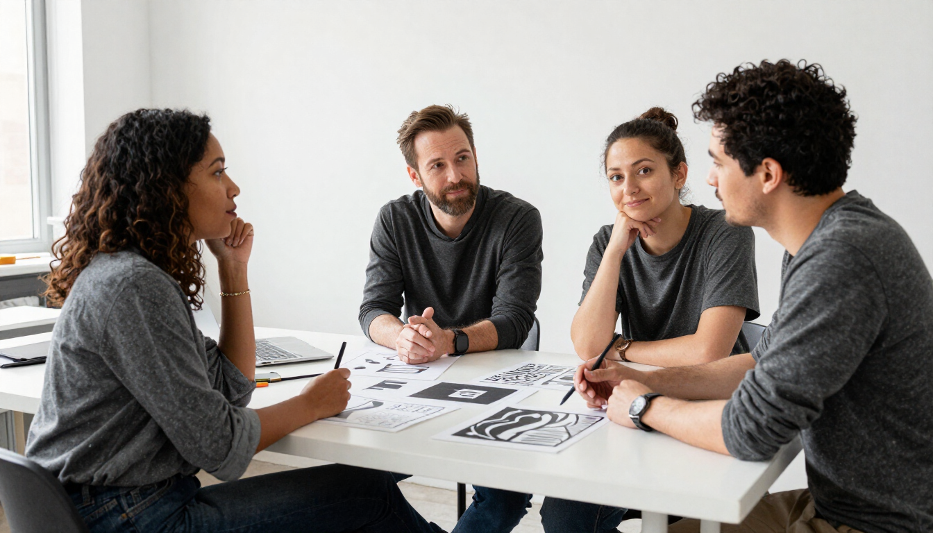Illustrative creative team collaborating around a studio table