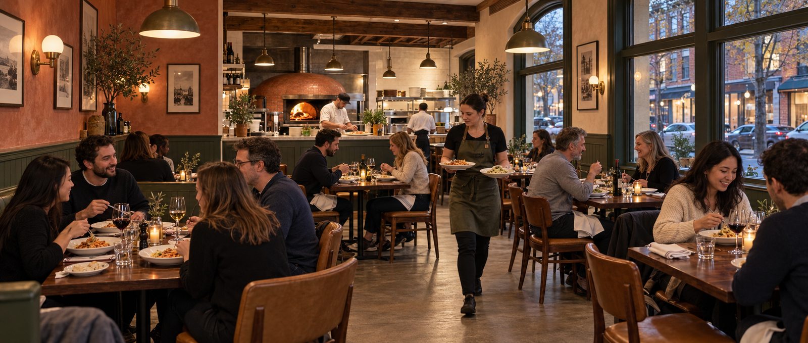 A busy restaurant dining room with a wood-fired oven and guests at dinner