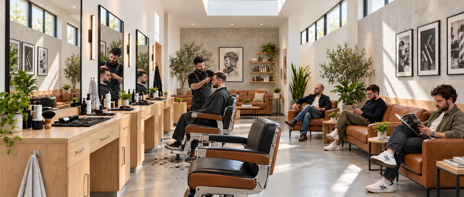 Sunlit barbershop with leather chairs, mirrors and clients waiting